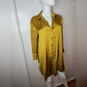 Zara Olive Green Goldish Collared Satin Shirt Dress Women Size XS w/ Gold Button